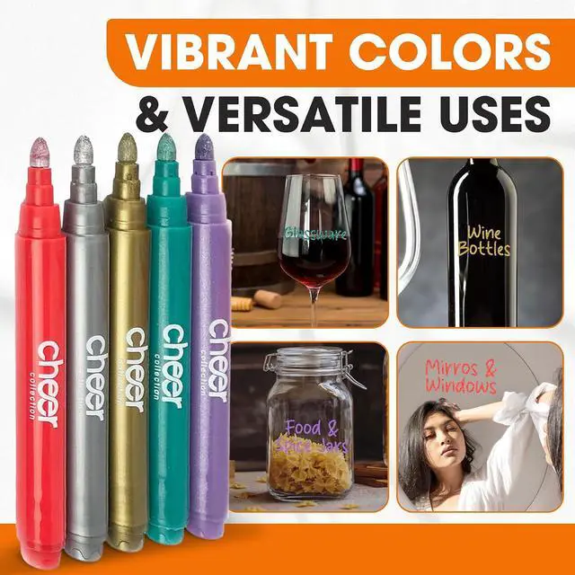 Alt view image 6 of 7 - Cheer Collection Metallic Wine Glass Markers, Dry Erase Markers, Washable Wine Glass Marker Pens, Quick Dry Markers for Glasses, Ceramics, & Mirrors, Great for Weddings, Banquets & Parties, Set of 5