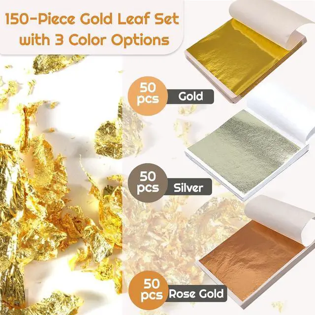 Alt view image 2 of 7 - 150 Pcs Gold Leaf Sheets for Art, 5.5x5.5 Inch Gold Foil Sheets for Crafts, 3 Colors Metallic Leaf for Nails, Painting, Gilding, DIY Decor - 14x14 cm Aluminum Foil Sheets for Multi-Surface Use