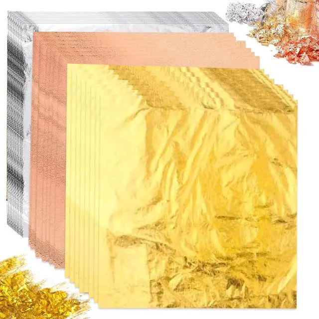 Main image of 150 Pcs Gold Leaf Sheets for Art, 5.5x5.5 Inch Gold Foil Sheets for Crafts, 3 Colors Metallic Leaf for Nails, Painting, Gilding, DIY Decor - 14x14 cm Aluminum Foil Sheets for Multi-Surface Use