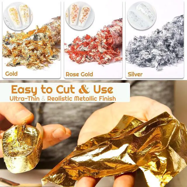 Alt view image 4 of 7 - 150 Pcs Gold Leaf Sheets for Art, 5.5x5.5 Inch Gold Foil Sheets for Crafts, 3 Colors Metallic Leaf for Nails, Painting, Gilding, DIY Decor - 14x14 cm Aluminum Foil Sheets for Multi-Surface Use