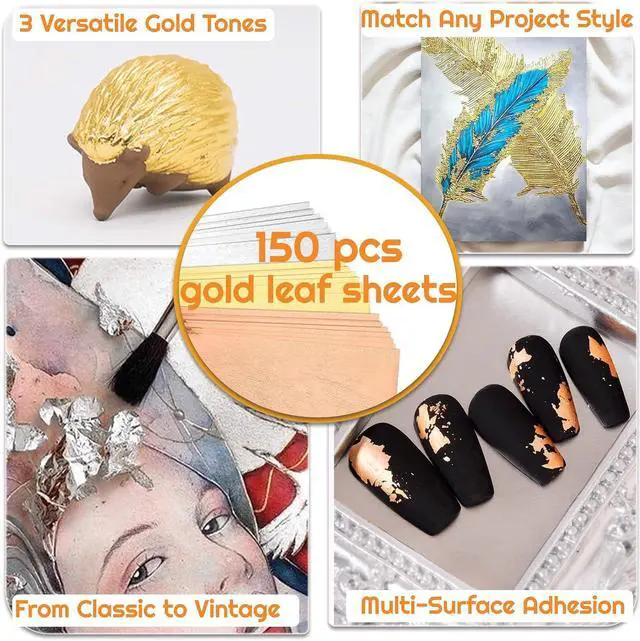 Alt view image 5 of 7 - 150 Pcs Gold Leaf Sheets for Art, 5.5x5.5 Inch Gold Foil Sheets for Crafts, 3 Colors Metallic Leaf for Nails, Painting, Gilding, DIY Decor - 14x14 cm Aluminum Foil Sheets for Multi-Surface Use