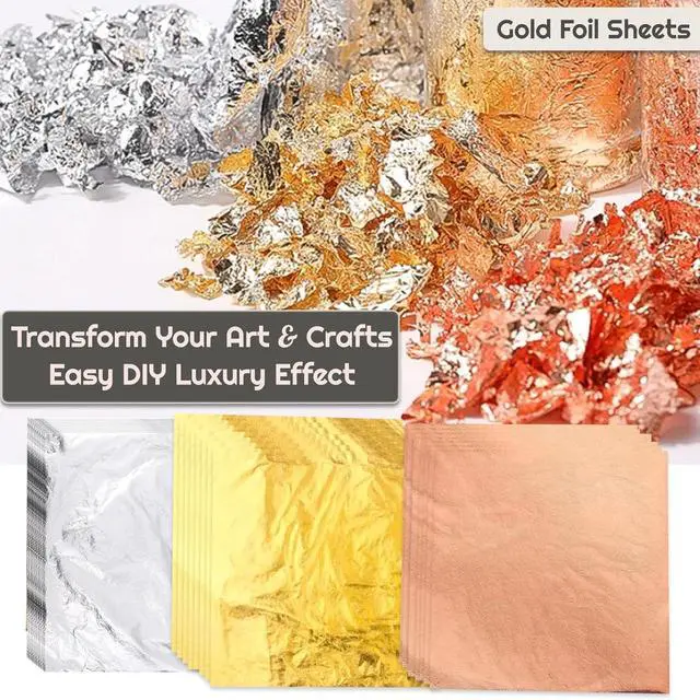 Alt view image 7 of 7 - 150 Pcs Gold Leaf Sheets for Art, 5.5x5.5 Inch Gold Foil Sheets for Crafts, 3 Colors Metallic Leaf for Nails, Painting, Gilding, DIY Decor - 14x14 cm Aluminum Foil Sheets for Multi-Surface Use