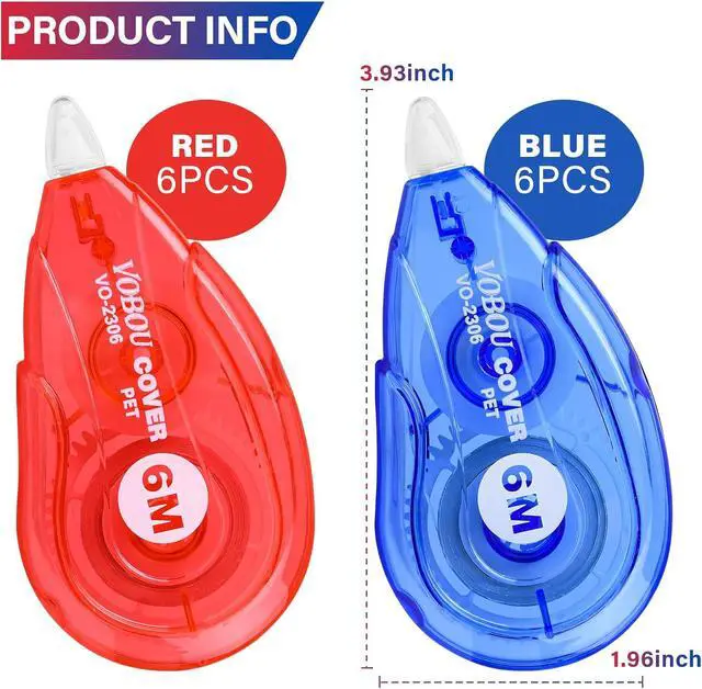 Alt view image 2 of 7 - Vobou White Correction Tape, Easy To Use Applicator for Instant Corrections Wrong Writing At Any Time, For school, Office (Red and Blue, 12pack, 6M/256" x 0.2")