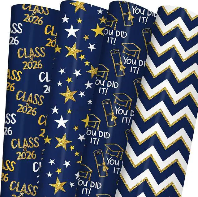 Main image of RiukRaiu Graduation Wrapping Paper 2025 - Blue Gold Trencher Cap,Striped,Star Gift Wrap for Praty Present Packing Celebration