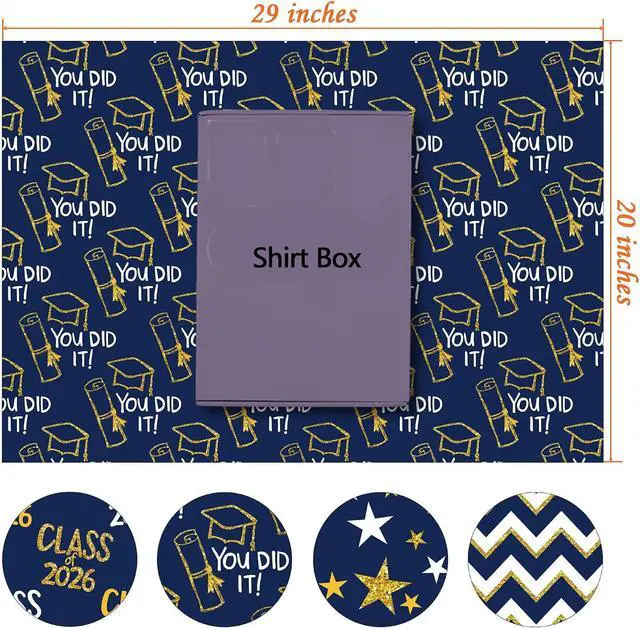 Alt view image 2 of 6 - RiukRaiu Graduation Wrapping Paper 2025 - Blue Gold Trencher Cap,Striped,Star Gift Wrap for Praty Present Packing Celebration