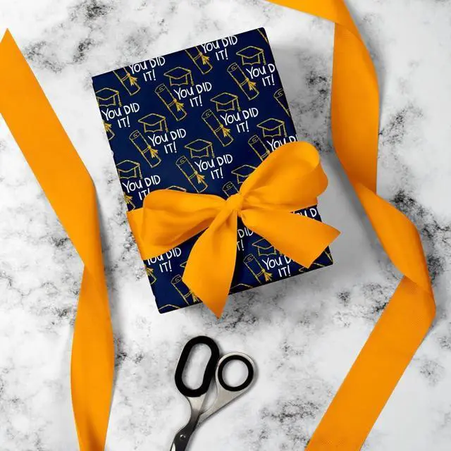 Alt view image 5 of 6 - RiukRaiu Graduation Wrapping Paper 2025 - Blue Gold Trencher Cap,Striped,Star Gift Wrap for Praty Present Packing Celebration