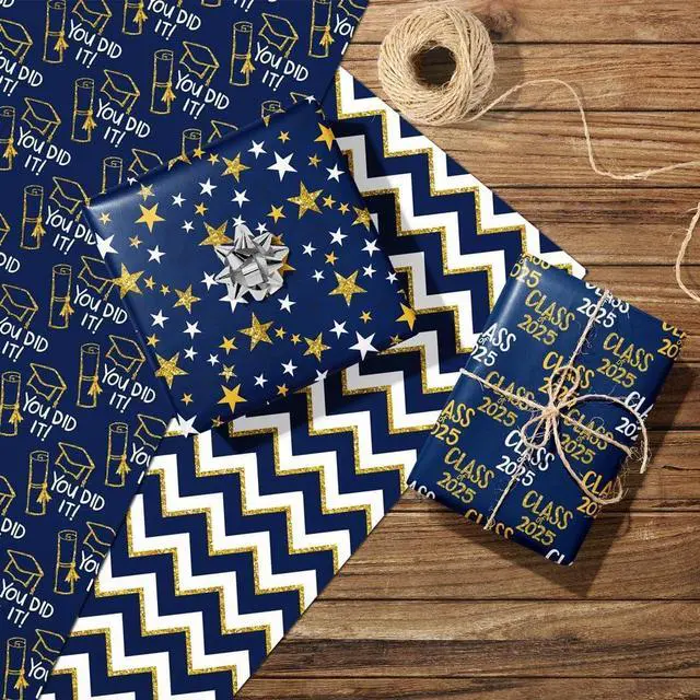 Alt view image 6 of 6 - RiukRaiu Graduation Wrapping Paper 2025 - Blue Gold Trencher Cap,Striped,Star Gift Wrap for Praty Present Packing Celebration