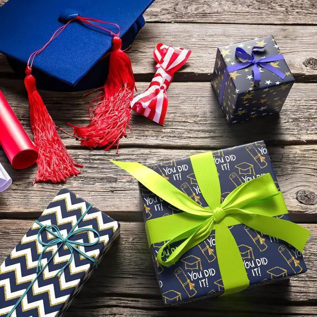 Alt view image 4 of 6 - RiukRaiu Graduation Wrapping Paper 2025 - Blue Gold Trencher Cap,Striped,Star Gift Wrap for Praty Present Packing Celebration