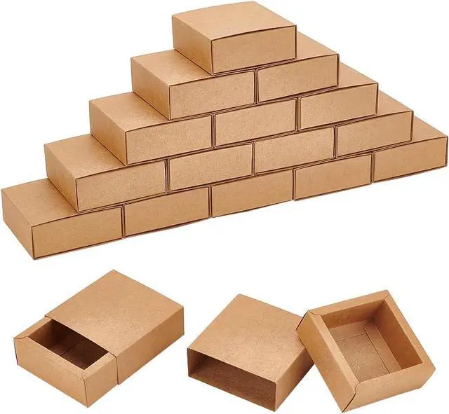 Main image of BENECREAT 20 Pack Brown Kraft Paper Drawer Boxes, 3.2x3.2x1.2 Inch Square Kraft Paper Gift Box Cookie Boxes for Wedding Party Gifts, Jewellery Packaging