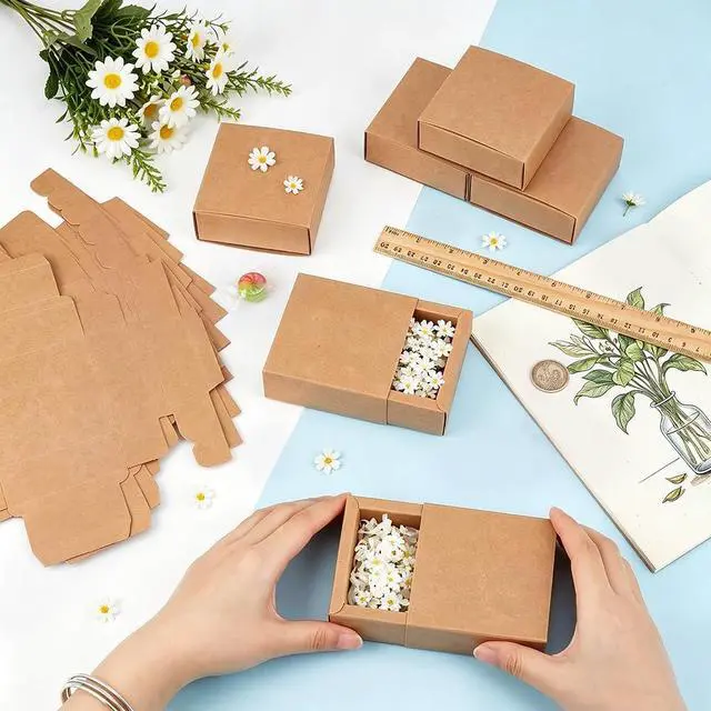 Alt view image 3 of 6 - BENECREAT 20 Pack Brown Kraft Paper Drawer Boxes, 3.2x3.2x1.2 Inch Square Kraft Paper Gift Box Cookie Boxes for Wedding Party Gifts, Jewellery Packaging