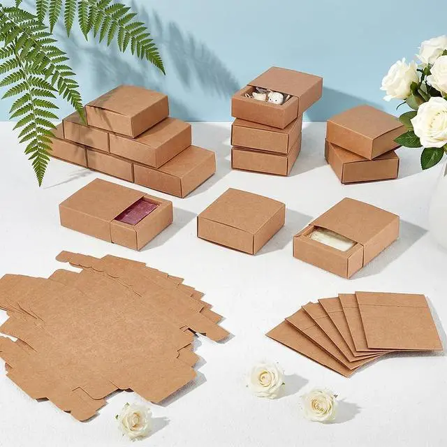 Alt view image 4 of 6 - BENECREAT 20 Pack Brown Kraft Paper Drawer Boxes, 3.2x3.2x1.2 Inch Square Kraft Paper Gift Box Cookie Boxes for Wedding Party Gifts, Jewellery Packaging