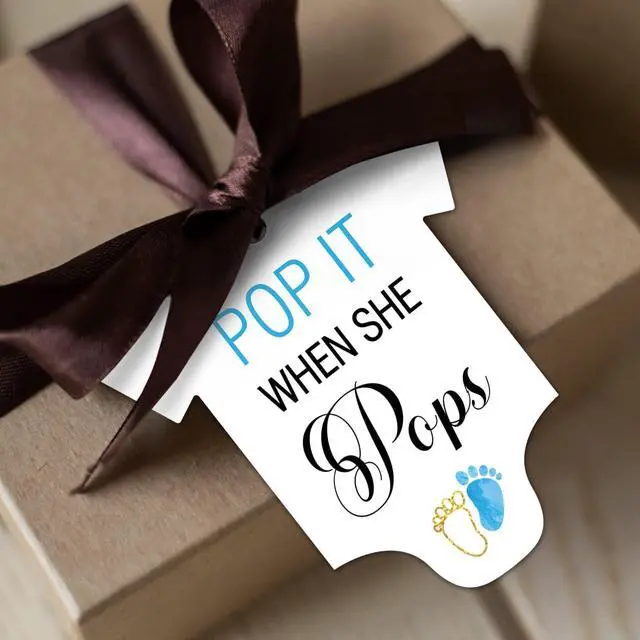 Main image of 50 PCS Pop It When She Pops Champagne Favor Bottle Tags, Cute Blue Feet Shaped Gift Tags, Baby Shower Birthday Party Decorations