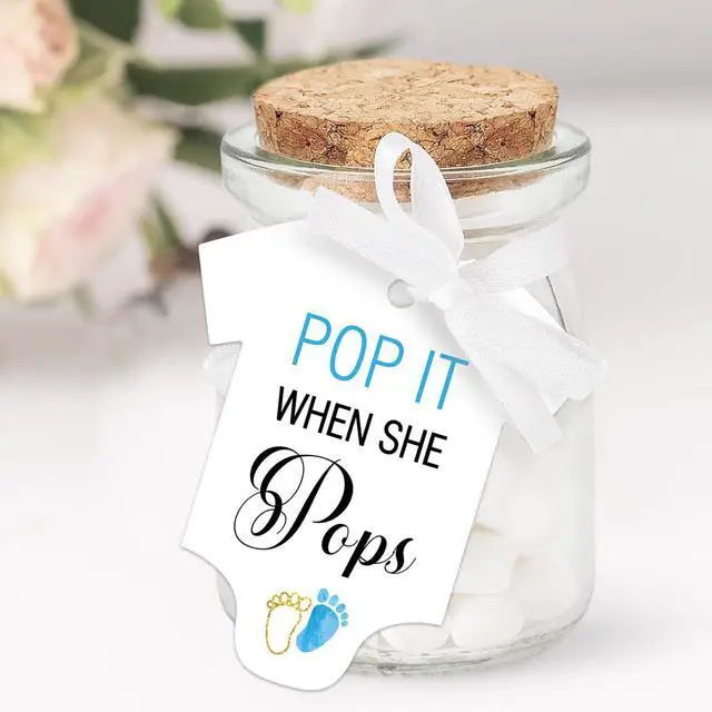 Alt view image 3 of 6 - 50 PCS Pop It When She Pops Champagne Favor Bottle Tags, Cute Blue Feet Shaped Gift Tags, Baby Shower Birthday Party Decorations
