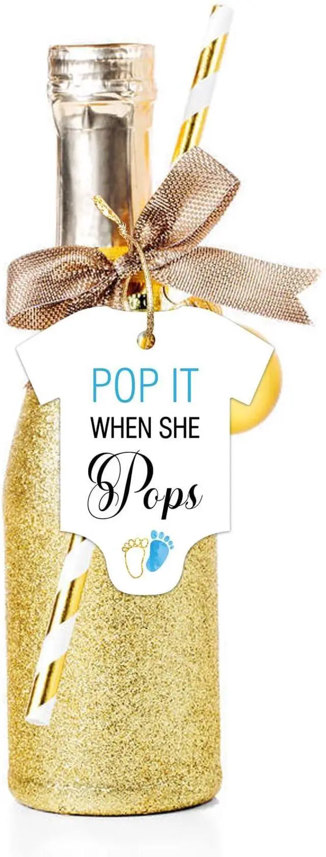Alt view image 6 of 6 - 50 PCS Pop It When She Pops Champagne Favor Bottle Tags, Cute Blue Feet Shaped Gift Tags, Baby Shower Birthday Party Decorations