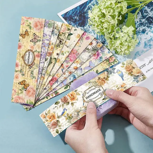Alt view image 5 of 7 - PH PandaHall 90pcs Vintage Plant Wrapper Tape, 9 Styles Flower Soap Packaging Paper Vertical Soap Paper Tag Soap Sleeves Covers for Handmade Soap Lotion Bars Bath Gift Wrapping, 21x5cm/8.2x1.9inch