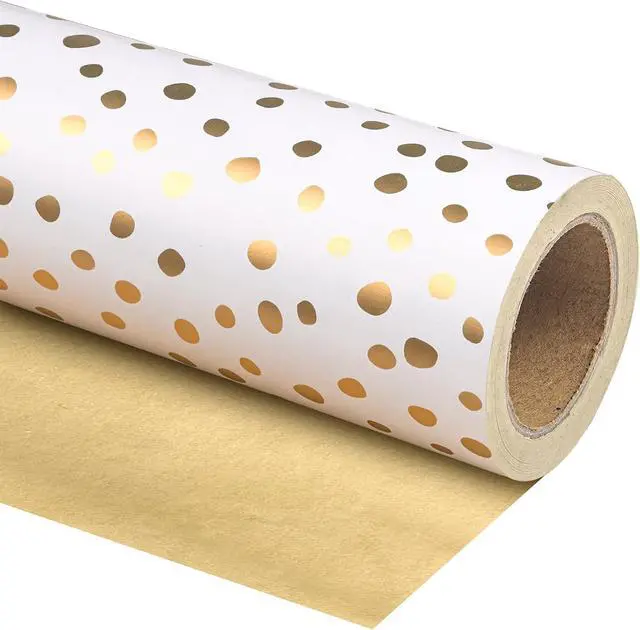 Main image of WRAPAHOLIC Reversible Gold Wrapping Paper - Mini Roll - 17 Inch X 33 Feet - Gold Print and Delicate Polka Dots Design for Birthday, Christmas, Wedding, Baby Shower