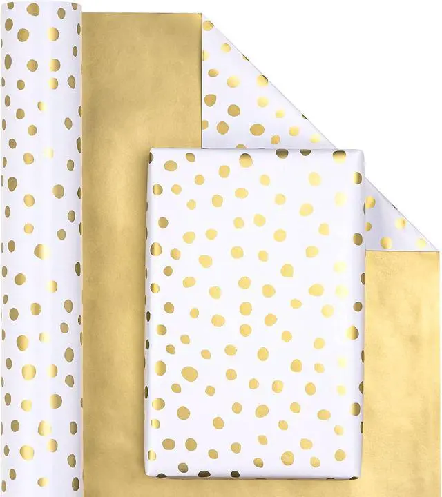 Alt view image 2 of 7 - WRAPAHOLIC Reversible Gold Wrapping Paper - Mini Roll - 17 Inch X 33 Feet - Gold Print and Delicate Polka Dots Design for Birthday, Christmas, Wedding, Baby Shower