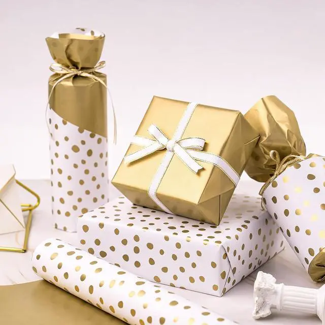Alt view image 4 of 7 - WRAPAHOLIC Reversible Gold Wrapping Paper - Mini Roll - 17 Inch X 33 Feet - Gold Print and Delicate Polka Dots Design for Birthday, Christmas, Wedding, Baby Shower