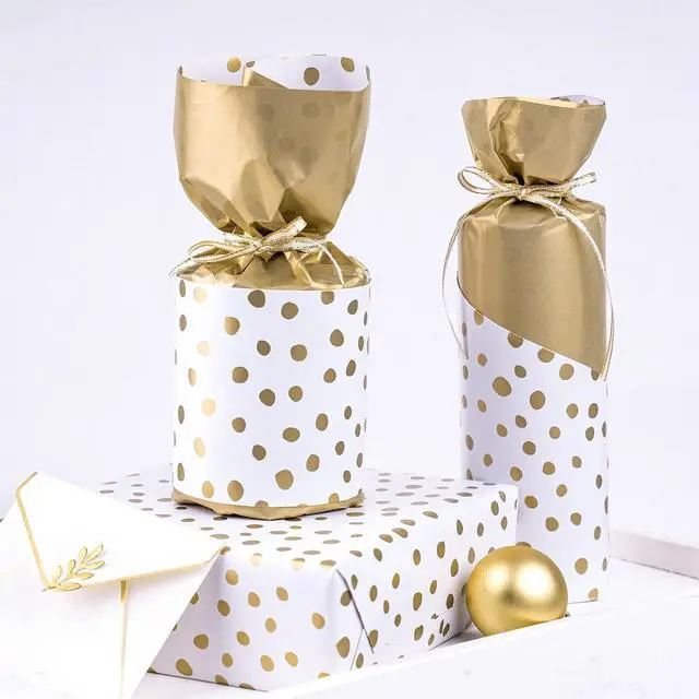 Alt view image 6 of 7 - WRAPAHOLIC Reversible Gold Wrapping Paper - Mini Roll - 17 Inch X 33 Feet - Gold Print and Delicate Polka Dots Design for Birthday, Christmas, Wedding, Baby Shower