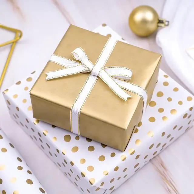 Alt view image 5 of 7 - WRAPAHOLIC Reversible Gold Wrapping Paper - Mini Roll - 17 Inch X 33 Feet - Gold Print and Delicate Polka Dots Design for Birthday, Christmas, Wedding, Baby Shower