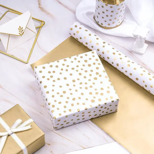 Alt view image 7 of 7 - WRAPAHOLIC Reversible Gold Wrapping Paper - Mini Roll - 17 Inch X 33 Feet - Gold Print and Delicate Polka Dots Design for Birthday, Christmas, Wedding, Baby Shower