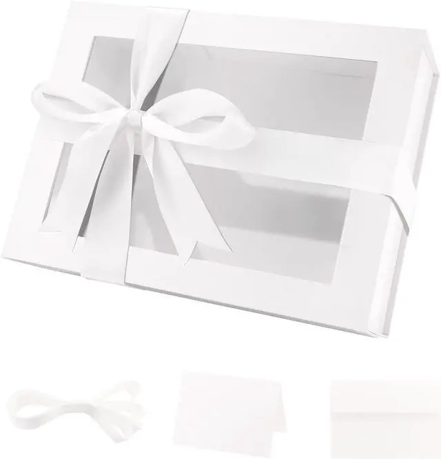 Main image of PACKQUEEN White Magnetic Lid Gift Box with Window and Ribbon 9x6.5x3.8 In
