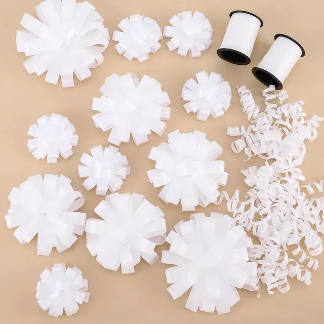 Main image of FORBINBO 16 Pcs Gift Bows Assortment - 4 Size Gift Bowsand 2 Crimped Curling Ribbons, Perfect for Christmas, HolidayBirthdays, Weddings, Baby/Bridal Showers, Party (White)