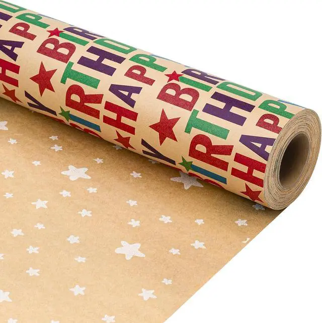 Main image of Reversible Birthday Wrapping Paper,Kraft Wrap Paper Mini Roll,17.3InX32.8Ft