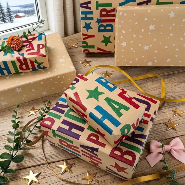 Alt view image 5 of 7 - Reversible Birthday Wrapping Paper,Kraft Wrap Paper Mini Roll,17.3InX32.8Ft