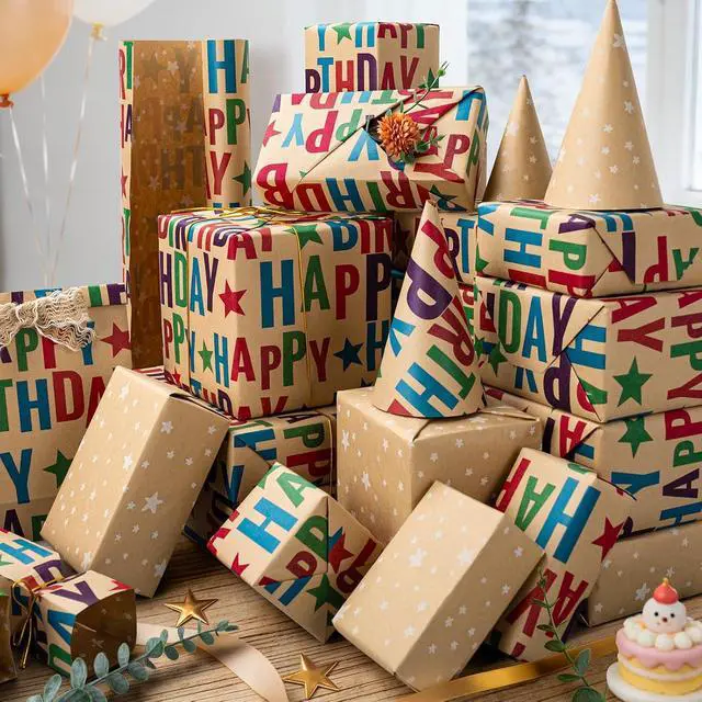 Alt view image 4 of 7 - Reversible Birthday Wrapping Paper,Kraft Wrap Paper Mini Roll,17.3InX32.8Ft