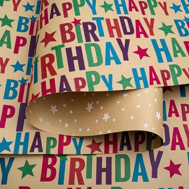 Alt view image 2 of 7 - Reversible Birthday Wrapping Paper,Kraft Wrap Paper Mini Roll,17.3InX32.8Ft