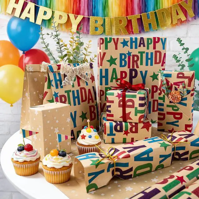 Alt view image 3 of 7 - Reversible Birthday Wrapping Paper,Kraft Wrap Paper Mini Roll,17.3InX32.8Ft