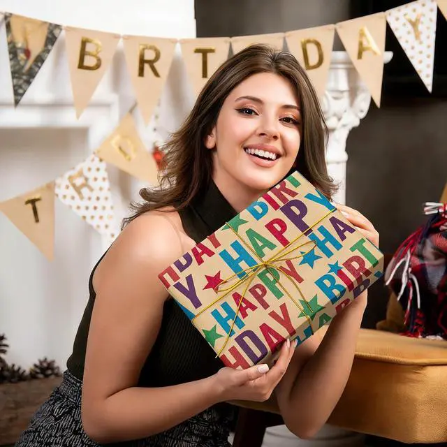 Alt view image 6 of 7 - Reversible Birthday Wrapping Paper,Kraft Wrap Paper Mini Roll,17.3InX32.8Ft
