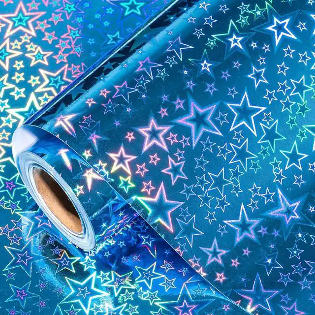 Main image of LeZakaa Blue Holographic Wrapping Paper Roll, Metallic Shiny Star Pattern, for Christmas Eve, Holiday Season, for Birthday, Wedding, Baby Shower, Valentines, Graduation, Mini Roll, 17 in x 32.8 Ft