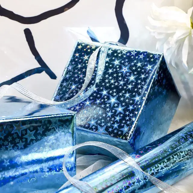 Alt view image 2 of 7 - LeZakaa Blue Holographic Wrapping Paper Roll, Metallic Shiny Star Pattern, for Christmas Eve, Holiday Season, for Birthday, Wedding, Baby Shower, Valentines, Graduation, Mini Roll, 17 in x 32.8 Ft