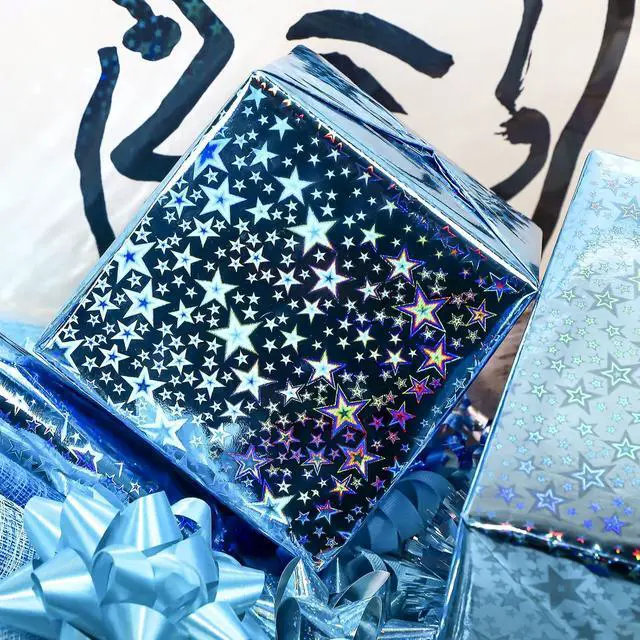 Alt view image 4 of 7 - LeZakaa Blue Holographic Wrapping Paper Roll, Metallic Shiny Star Pattern, for Christmas Eve, Holiday Season, for Birthday, Wedding, Baby Shower, Valentines, Graduation, Mini Roll, 17 in x 32.8 Ft