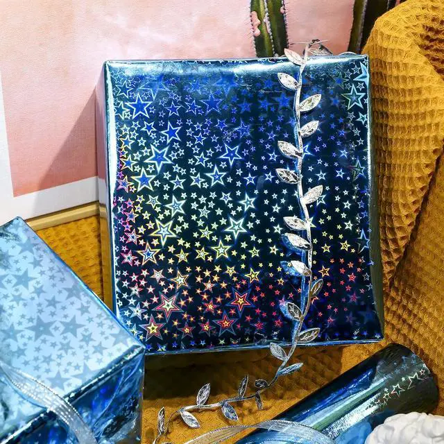 Alt view image 5 of 7 - LeZakaa Blue Holographic Wrapping Paper Roll, Metallic Shiny Star Pattern, for Christmas Eve, Holiday Season, for Birthday, Wedding, Baby Shower, Valentines, Graduation, Mini Roll, 17 in x 32.8 Ft