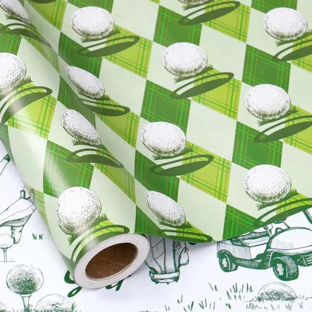 Alt view image 2 of 7 - RUSPEPA Reversible Golf Wrapping Paper Roll, Mini Roll, Vintage Golfer Illustration & Green Argyle Golf Ball Pattern, Double-Sided Gift Wrap for Dad, Men, Father's Day, Birthday, 17 Inches x 16.4 Feet