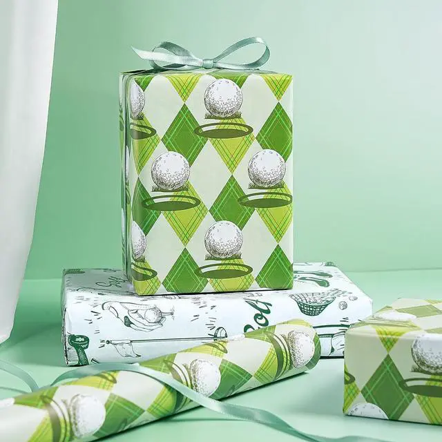 Alt view image 3 of 7 - RUSPEPA Reversible Golf Wrapping Paper Roll, Mini Roll, Vintage Golfer Illustration & Green Argyle Golf Ball Pattern, Double-Sided Gift Wrap for Dad, Men, Father's Day, Birthday, 17 Inches x 16.4 Feet