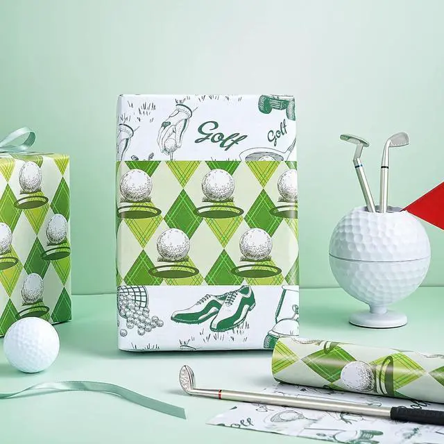 Alt view image 4 of 7 - RUSPEPA Reversible Golf Wrapping Paper Roll, Mini Roll, Vintage Golfer Illustration & Green Argyle Golf Ball Pattern, Double-Sided Gift Wrap for Dad, Men, Father's Day, Birthday, 17 Inches x 16.4 Feet