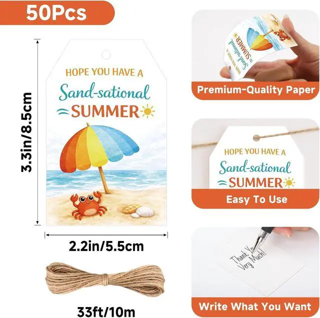 Alt view image 3 of 7 - Anwyll Summer Gift Tags with String - 50Pcs End of School Year Tags Teacher Apperciation Gift Tag Personalized Hope You Have a Sand-Sational Summer Tag for Present Wrapping Treat Bag Party Favor