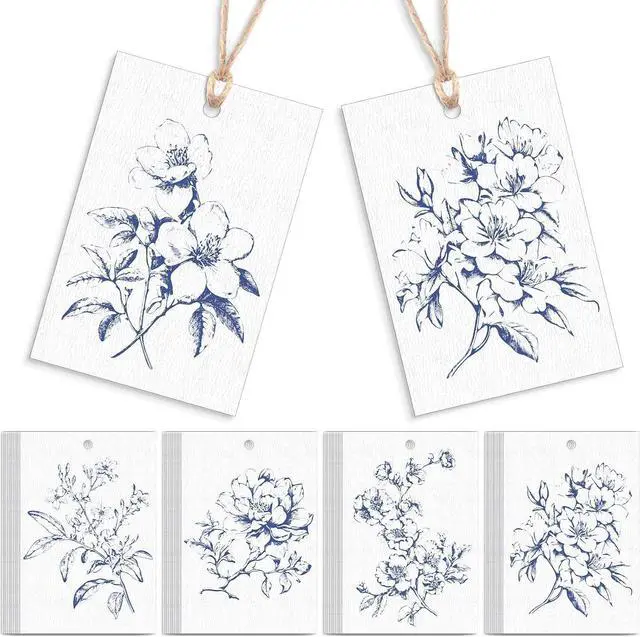 Main image of AmazingSpark 50 Set Gift Tags with String, Chinoiserie, Blue