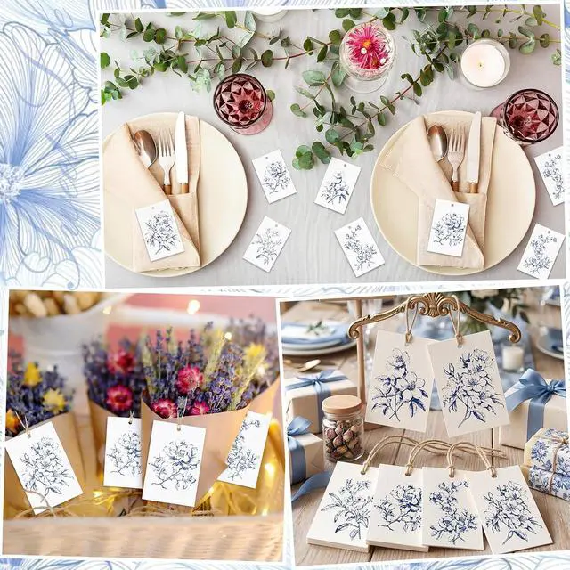 Alt view image 5 of 7 - AmazingSpark 50 Set Gift Tags with String, Chinoiserie, Blue