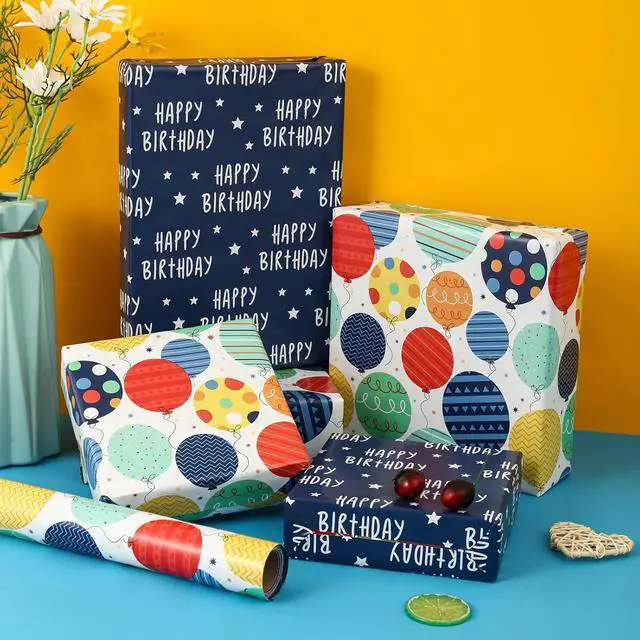 Alt view image 2 of 7 - BULKYTREE Reversible Birthday Wrapping Paper Roll for Boys Girls Kids Men Women - Colorful Balloon Happy Birthday and Stars - Gift Wrap Paper for Party Holiday