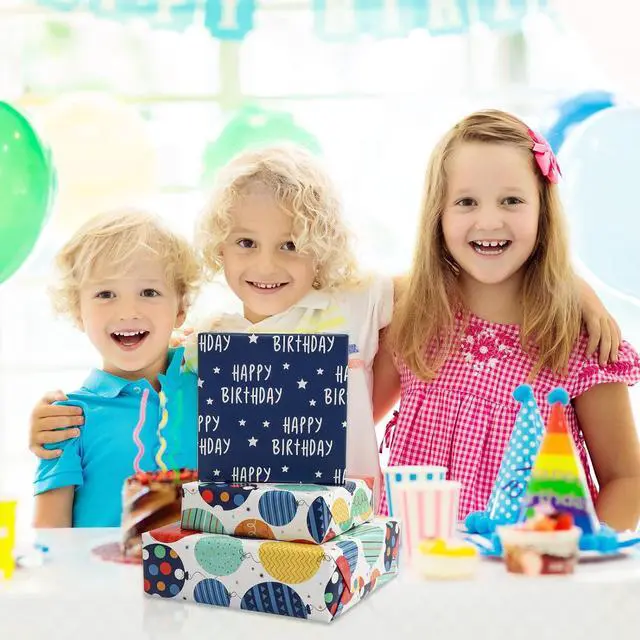 Alt view image 3 of 7 - BULKYTREE Reversible Birthday Wrapping Paper Roll for Boys Girls Kids Men Women - Colorful Balloon Happy Birthday and Stars - Gift Wrap Paper for Party Holiday