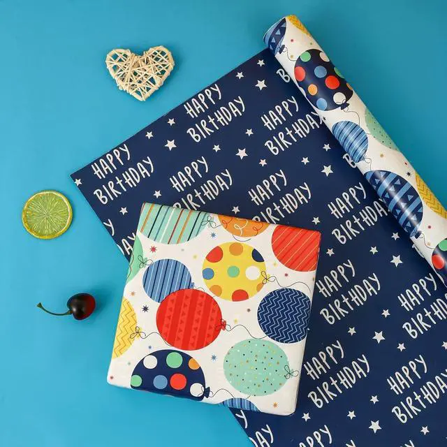 Alt view image 4 of 7 - BULKYTREE Reversible Birthday Wrapping Paper Roll for Boys Girls Kids Men Women - Colorful Balloon Happy Birthday and Stars - Gift Wrap Paper for Party Holiday