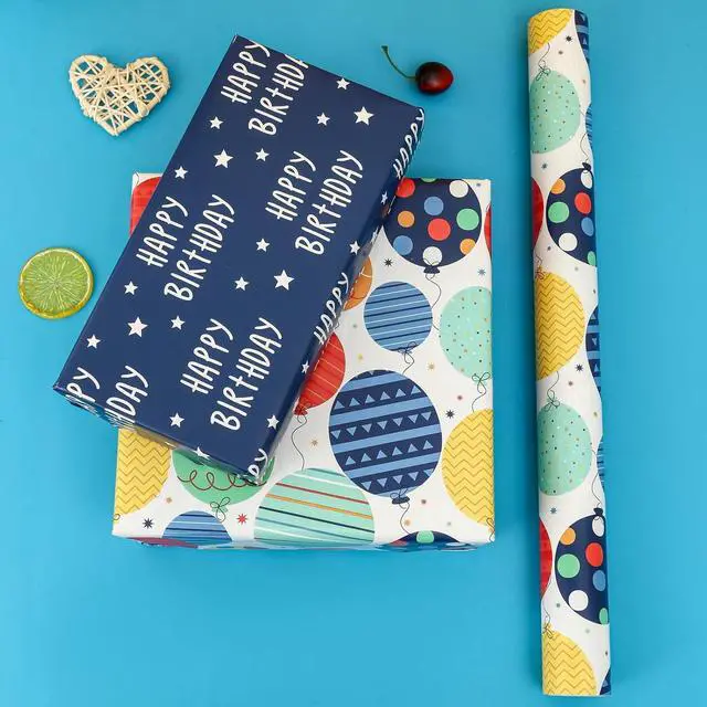 Alt view image 5 of 7 - BULKYTREE Reversible Birthday Wrapping Paper Roll for Boys Girls Kids Men Women - Colorful Balloon Happy Birthday and Stars - Gift Wrap Paper for Party Holiday