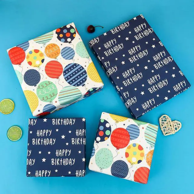 Alt view image 7 of 7 - BULKYTREE Reversible Birthday Wrapping Paper Roll for Boys Girls Kids Men Women - Colorful Balloon Happy Birthday and Stars - Gift Wrap Paper for Party Holiday