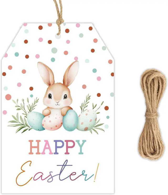 Main image of Happy Easter Gift Tags with String, 50pcs Bunny Easter Tags, 3.3 x 2.2 Inch Paper Gift Tags with Jute Twine for Treat Bags, Easter Baskets, Classroom Exchange & Spring Party Decorations
