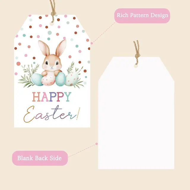 Alt view image 3 of 6 - Happy Easter Gift Tags with String, 50pcs Bunny Easter Tags, 3.3 x 2.2 Inch Paper Gift Tags with Jute Twine for Treat Bags, Easter Baskets, Classroom Exchange & Spring Party Decorations